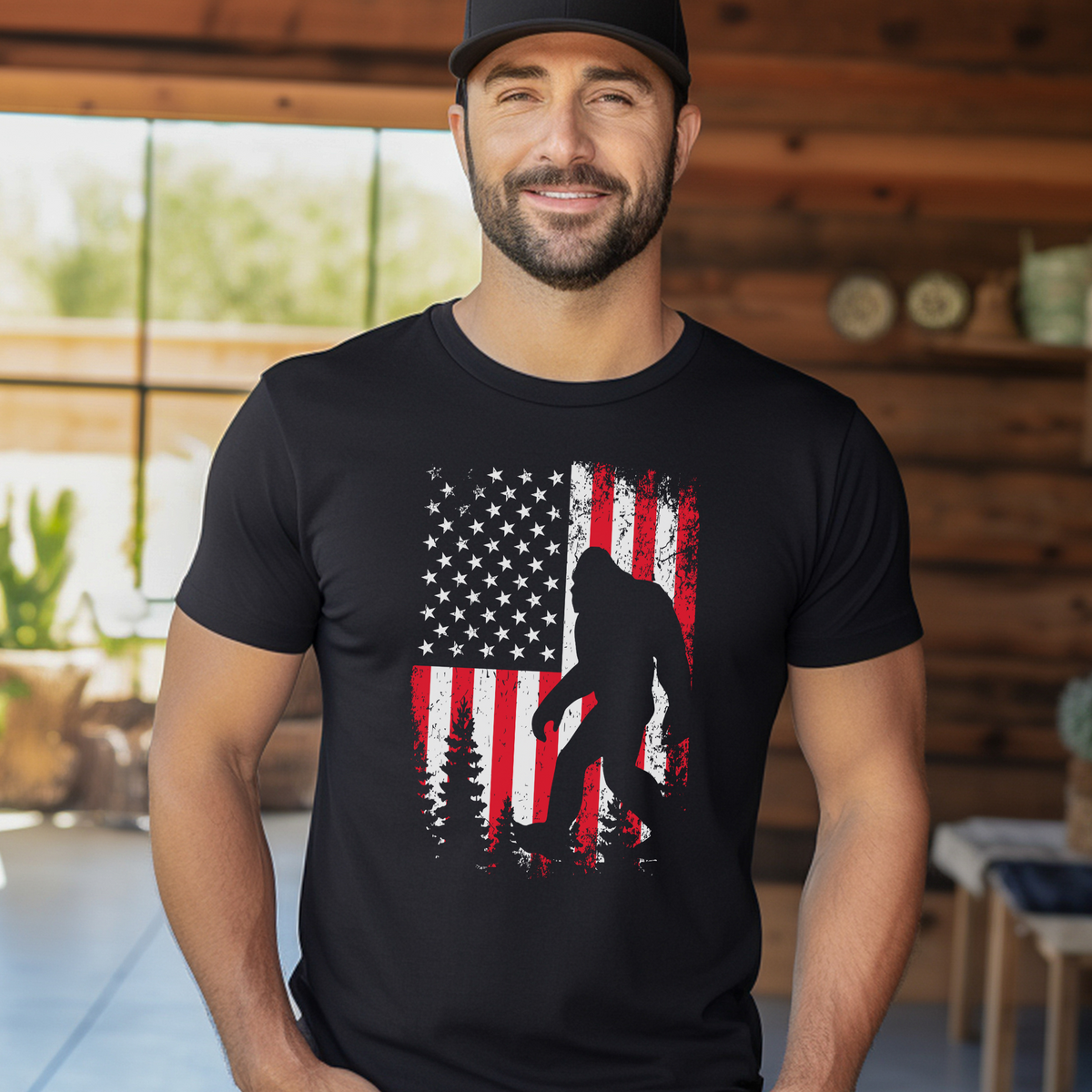 Bigfoot with Trees Flag Black T-Shirt