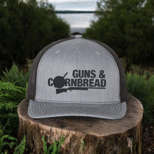 Moco Shirts Guns & Cornbread Richardson 112 grey and black mesh snapback hat with hunting and cooking logo