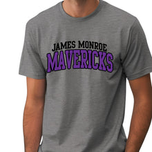 Moco Shirts grey crewneck t-shirt featuring James Monroe Mavericks collegiate lettering in purple and black