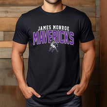 Moco Shirts black James Monroe Mavericks t-shirt with purple and white varsity lettering and mascot graphic