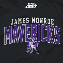 Moco Shirts black James Monroe Mavericks t-shirt with purple and white varsity-style mascot graphic