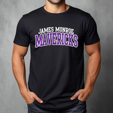 Moco Shirts black crewneck t-shirt with white and purple James Monroe Mavericks collegiate lettering on the chest.