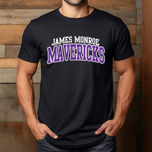 Moco Shirts black crewneck t-shirt with James Monroe Mavericks collegiate lettering in purple and white on the chest