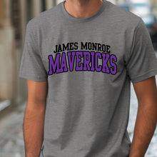 Moco Shirts grey crewneck t-shirt with James Monroe Mavericks collegiate lettering in purple and black on the chest