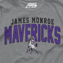 Moco Shirts grey James Monroe Mavericks t-shirt with purple and black varsity-style mascot graphic