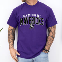 Moco Shirts purple James Monroe Mavericks t-shirt with white and black mascot graphic on a tattooed man