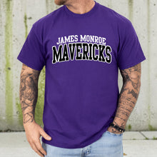 Moco Shirts purple crewneck t-shirt with James Monroe Mavericks collegiate lettering on the chest worn by a man
